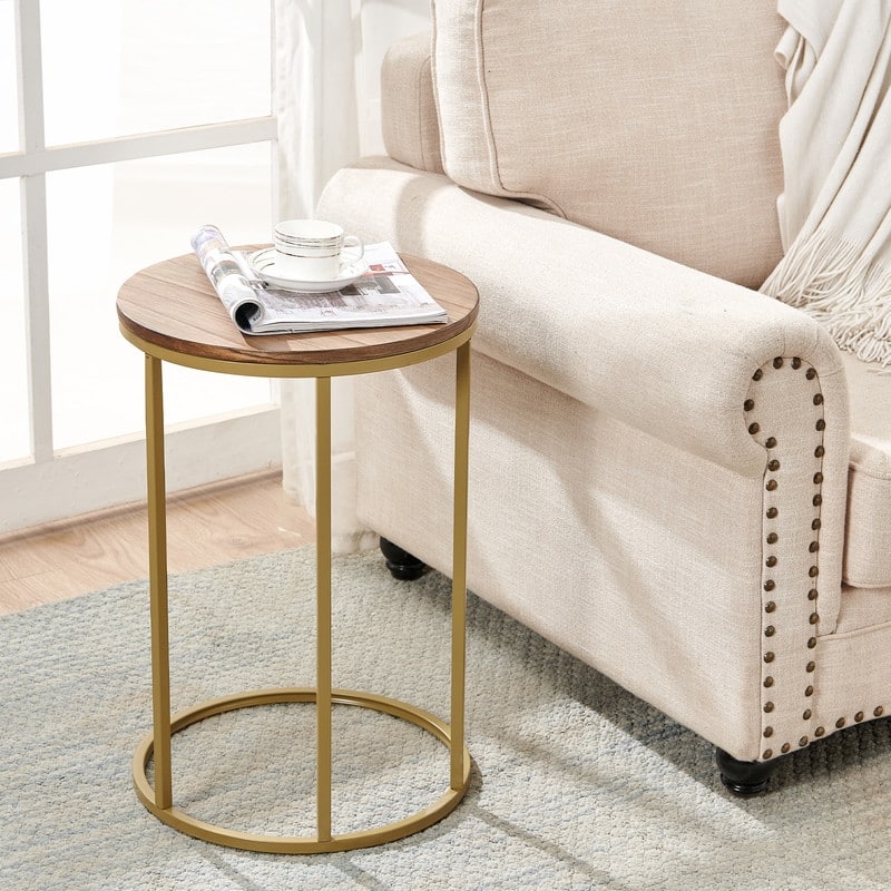 SD 23" H Round Wood Top Sofa SideTable, Snack Table SET, Gold/Oak Bed